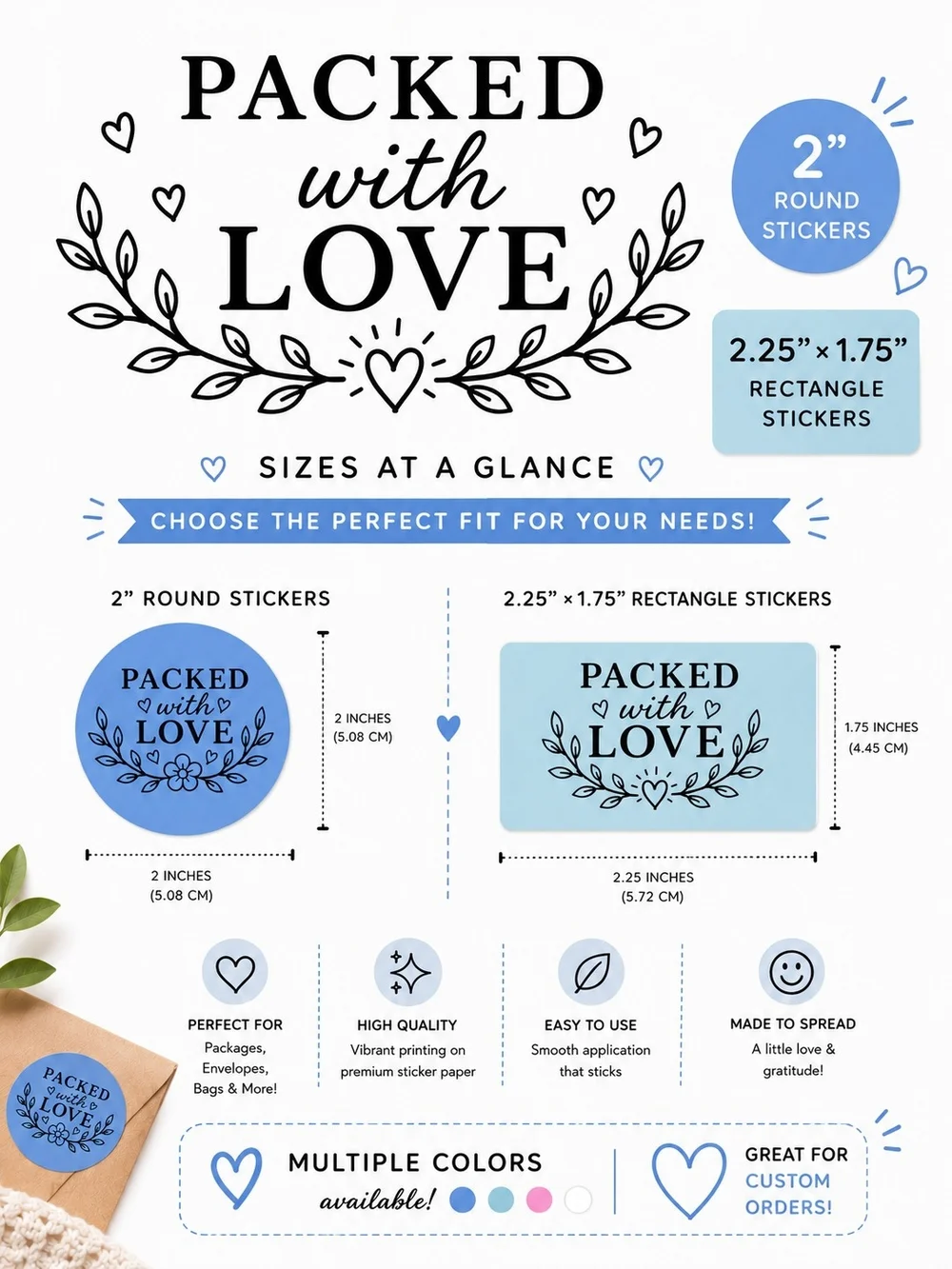 200 Stickers | Blue Floral Packed with Love | Small Business Boutique Supplies